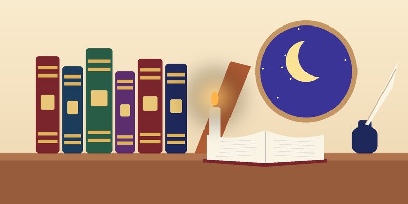 رفّان من الكتب الملوّنة في ضوءٍ دافئ