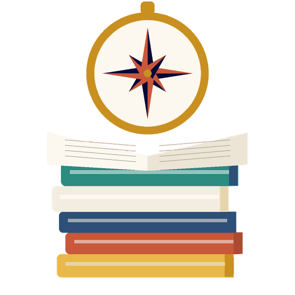 كتابٌ مفتوح فوق كومة كتبٍ وبوصلة