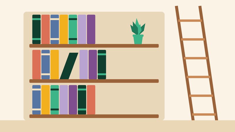 رفّ كتبٍ طويل بجانبه سلّمٌ خشبيّ