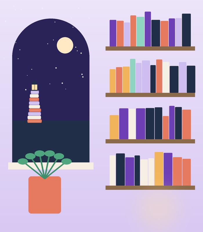 ركن قراءةٍ فيه نافذةٌ ورفوفٌ ملوّنة
