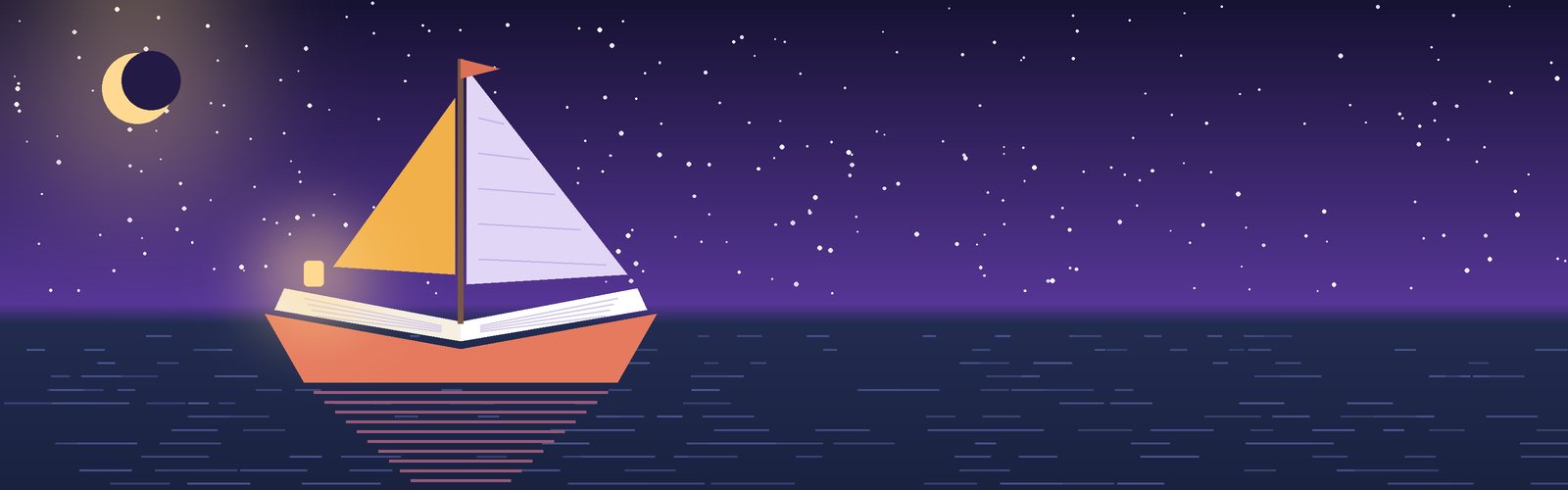 قاربٌ من كتابٍ مفتوح يبحر تحت النجوم