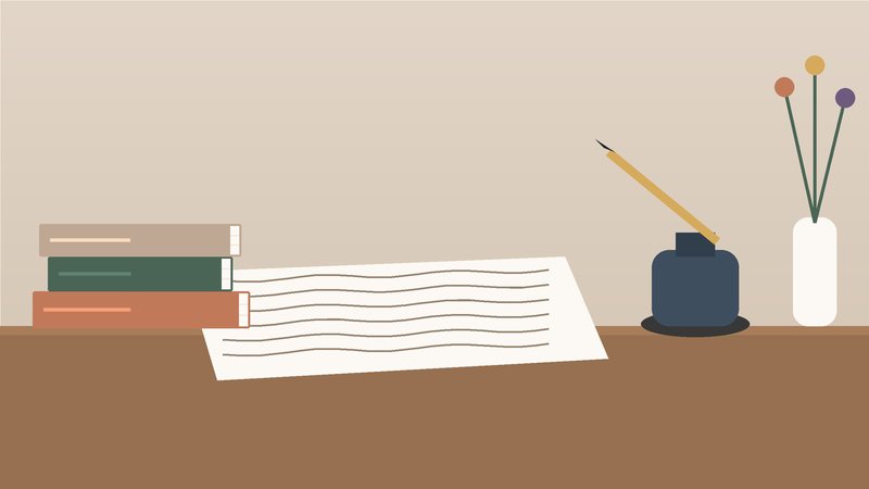 دواةٌ وقلمٌ وورقةٌ مكتوبة على مكتبٍ خشبيّ