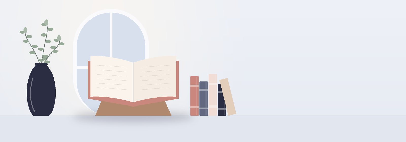 كتابٌ مفتوح على حاملٍ خشبيّ أمام نافذةٍ مقوّسة