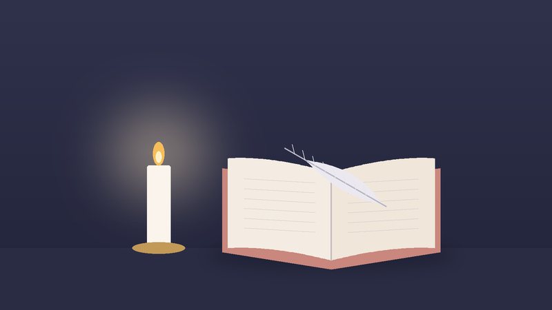 كتابٌ مفتوح وريشةٌ بجانب شمعةٍ في الليل