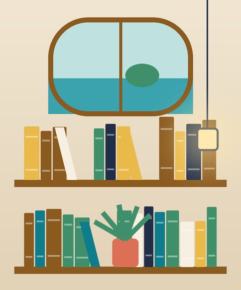 رفّا كتبٍ ونبتةٌ وفانوسٌ تحت نافذةٍ على البحر