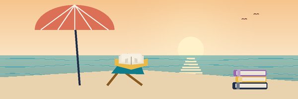 مظلّةٌ وكرسيّ شاطئٍ عليه كتابٌ مفتوح عند الغروب