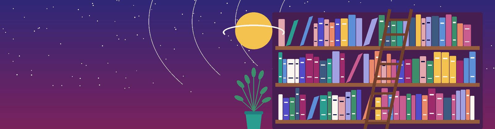 مكتبةٌ عالية بسلّمٍ خشبيّ تحت سماءٍ فيها كوكب