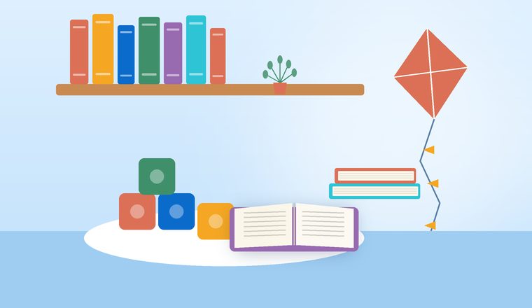 ركن قراءةٍ للصغار: رفّ كتبٍ ومكعّباتٌ وطائرةٌ ورقيّة وكتابٌ مفتوح