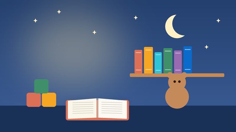 رفّ كتبٍ للصغار ومكعّبات ودبٌّ قماشيّ تحت هلال