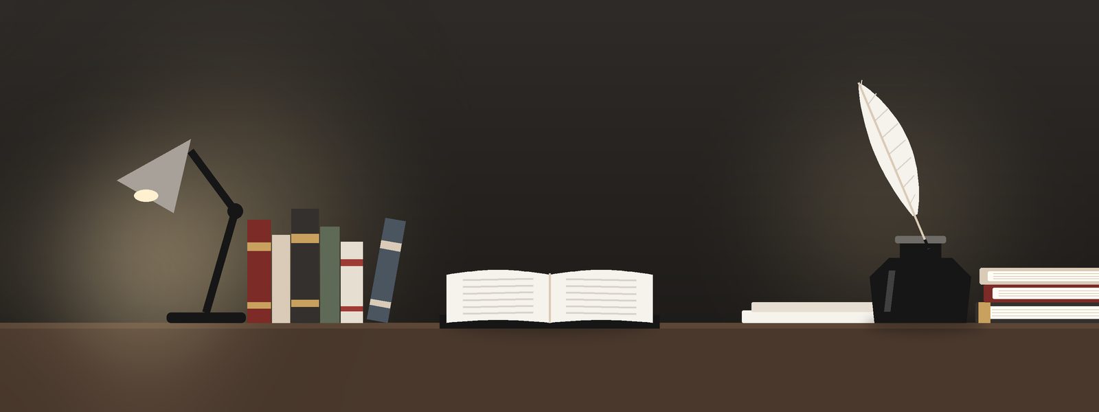 مكتبٌ ليليّ عليه محبرةٌ وريشة وكتابٌ مفتوح
