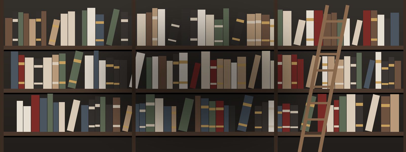 رفوف مكتبةٍ ممتلئة وسلّمٌ خشبيّ