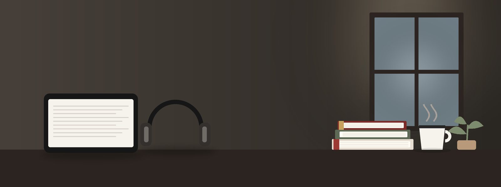 لوحٌ إلكترونيّ وسمّاعتان وكتبٌ قرب نافذة