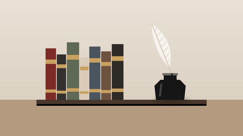 رفٌّ قصير عليه كتبٌ ومحبرةٌ وريشة