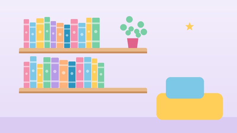 رفّا كتبٍ ملوّنة ونبتة صغيرة