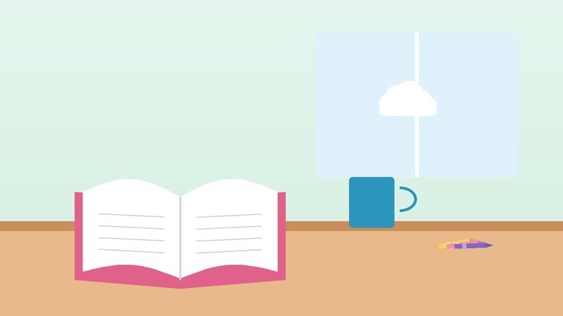 كتابٌ مفتوح على طاولة بجانب كوبٍ وأقلام تلوين