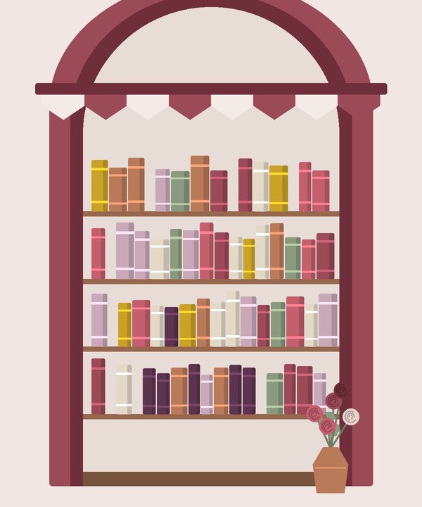 واجهة مكتبةٍ مقوّسة تملؤها رفوف الكتب