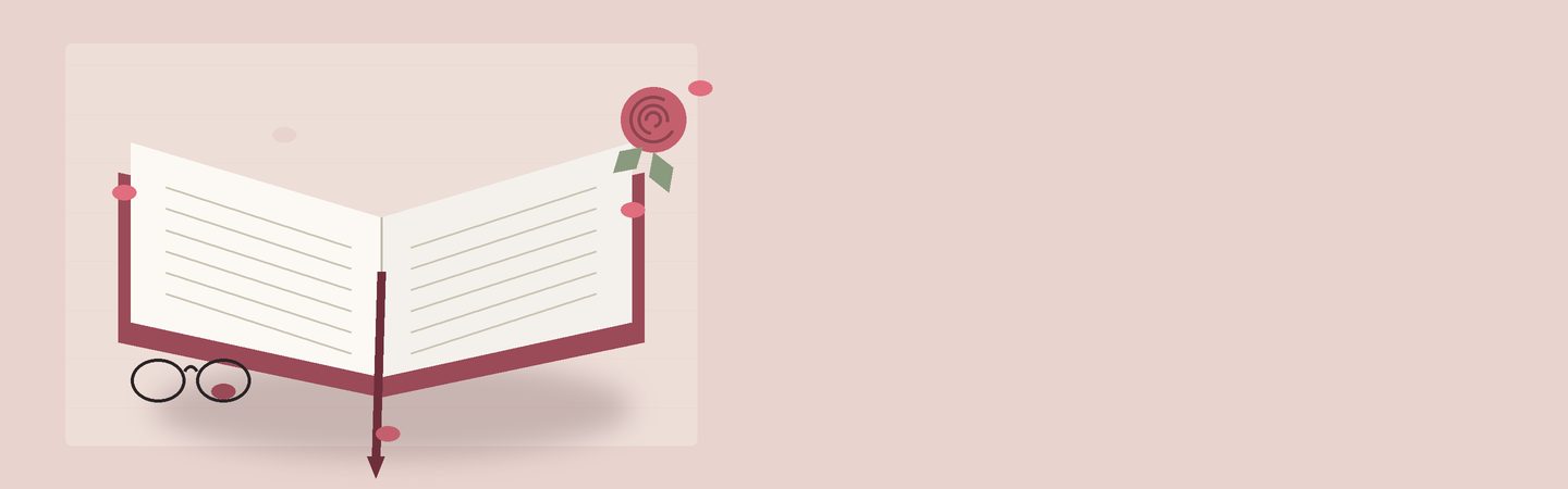 كتابٌ مفتوح بشريطٍ خمريّ بين بتلات الورد