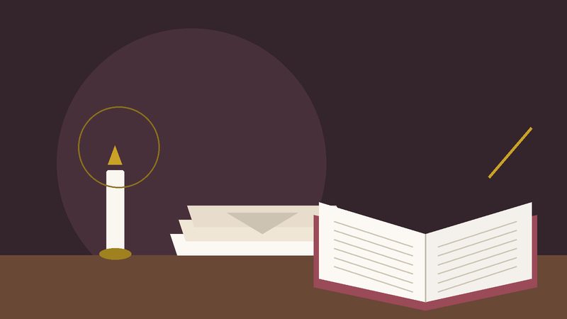 شمعةٌ مضاءة ورسائل وكتابٌ مفتوح على مكتبٍ ليلًا