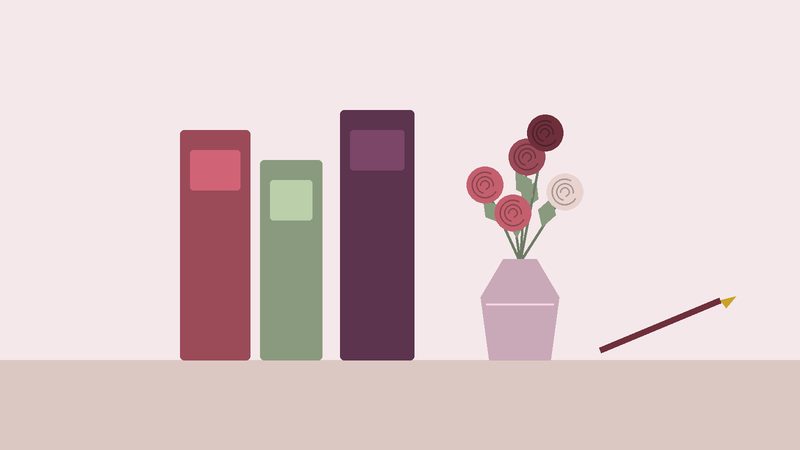 ثلاثة كتبٍ واقفة بجانب مزهريّة ورد