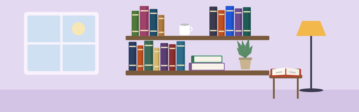 ركن قراءة فيه رفّ كتبٍ ومصباحٌ ونبتة