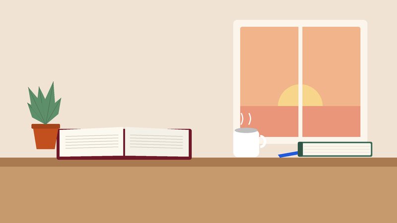 مكتبٌ عند نافذة فيه كتابٌ مفتوح وكوب