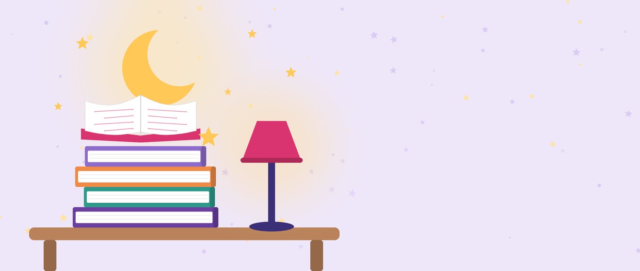 كومةٌ من الكتب تحت هلالٍ ونجوم بجانب مصباحٍ صغير