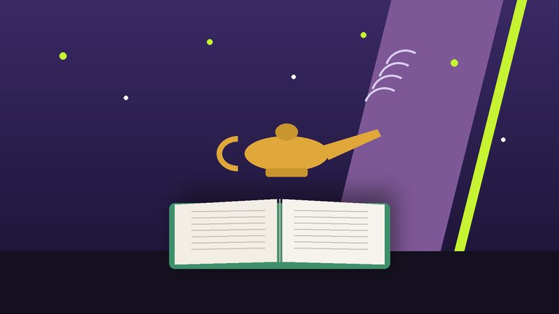 مصباحٌ سحريّ فوق كتاب حكايات تحت سماءٍ مرصّعة بالنجوم