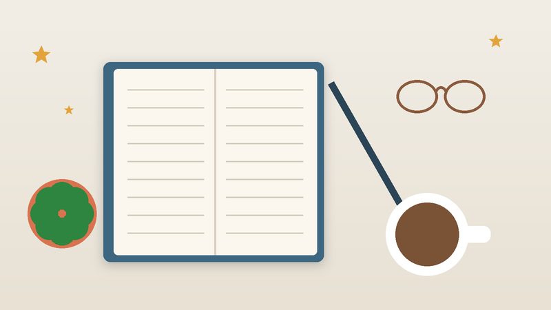 دفترٌ مفتوح وقلمٌ ونظّارة وفنجان