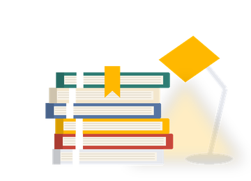 كتبٌ مكدّسة تحت مصباح