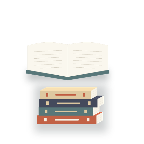 رسمٌ لكتابٍ مفتوح فوق رصّةٍ من الكتب