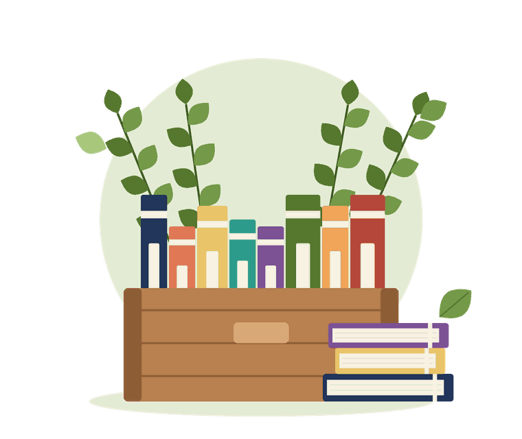 صندوقٌ خشبيّ مليء بالكتب تحيط به أغصانٌ خضراء