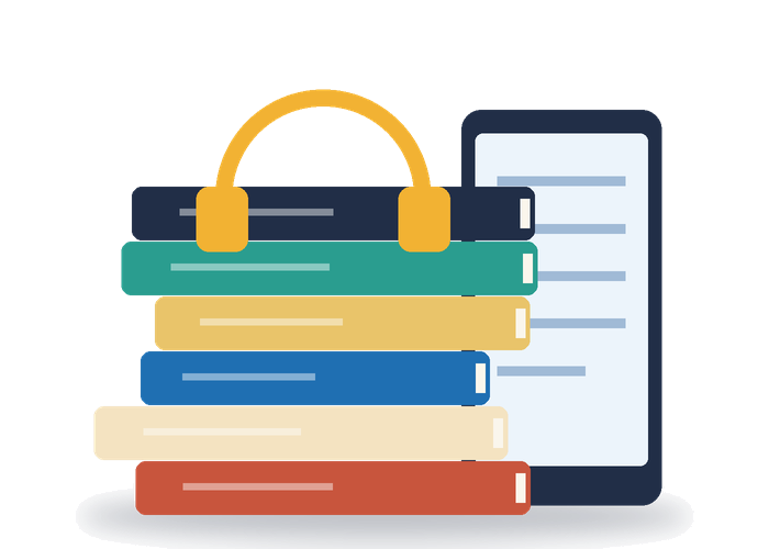 رصّة كتبٍ وسمّاعة وجهاز قراءة