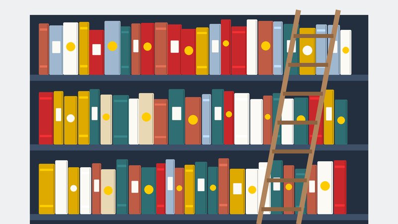 رفُّ كتبٍ طويل وسلّمٌ خشبيّ