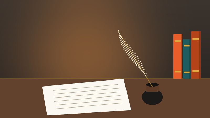 ريشةٌ ومحبرة وورقةٌ على مكتبٍ خشبيّ